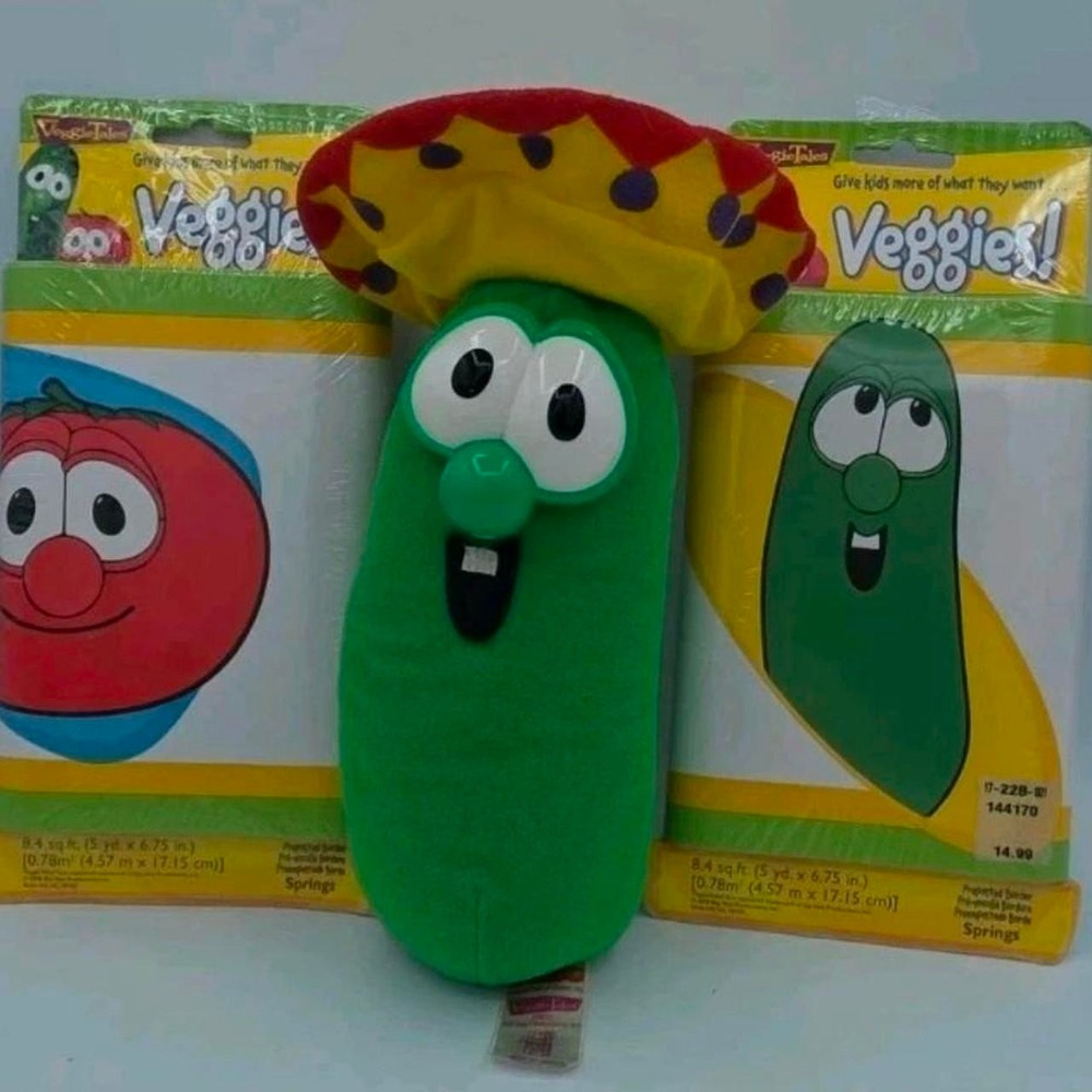 Vintage 2000 Veggie Tales Wall Paper Border Decor Set Of 2 W/ Larry Plush